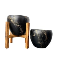  Siyah Üzeri Gold Mermer Efektli Toprak Saksı Saksılık Salon Çiçeklik İkili Set Ayaksız -4 Ayaklı-15 Cm