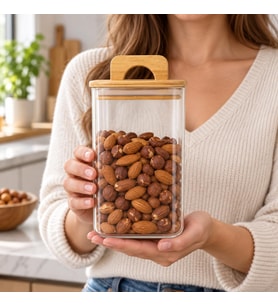 Lexroo Bambu Kapaklı Kare Borosilikat Cam Kavanoz 1100 ml, 10 × 15 cm