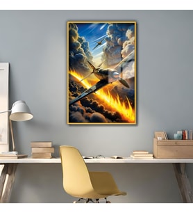 Metal Çerçeveli Temperli Cam Tablo War Plane Görseli (Gold)