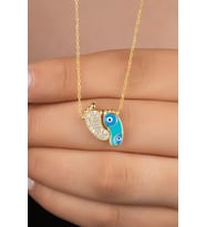 925 Ayar Gold Zirkon Taşli Nazarlı Ayak Gümüş Kolye