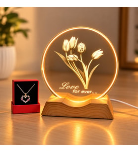 Kişiye Özel Çiçek Desenli Işıklı LED Gece Lambası ve Taşlı Kalpli Kolye Romantik Hediye Seti