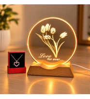 Kişiye Özel Çiçek Desenli Işıklı LED Gece Lambası ve Taşlı Kalpli Kolye Romantik Hediye Seti