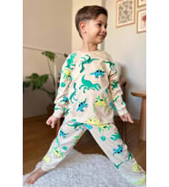 Erkek Çocuk Üzeri Dinazor Baskılı Bisiklet Yaka Pijama Takımı (Krem)