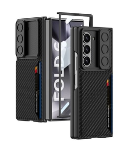 Galaxy Z Fold 6 Kılıf Kamera Korumalı Karbon Fiber Arka Yüzey Zore Kartlıklı Kıpta Sert Kapak