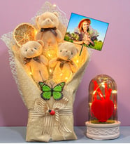 Kişiye Özel Fotoğraflı Led Işıklı Peluş Ayıcık Buketi ve Led Işıklı Biblolu Fanus (Model 3)