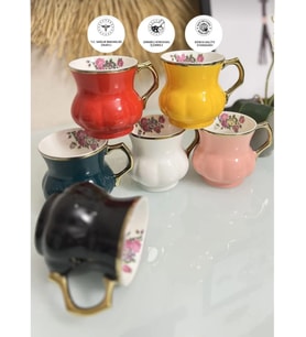 Paçi Retro Porselen Yaldızlı Çay, Kahve Kupası - 6 Adet Renkli