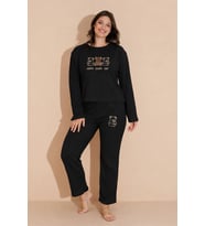 Mirano 9010 Havlu Kumaş Ayıcık Nakışlı Kışlık Kadın Eşofman Pijama Takımı (Siyah)