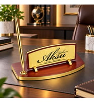BK Gift Kişiye Özel Kalemli Ahşap Masa İsimliği Gold Plakalı BK26 -2