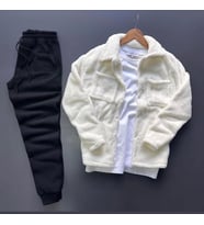 Unisex Beyaz Peluş Polar Hırka Gömlek Siyah Eşofman Altı Takım (Beyaz-Siyah)