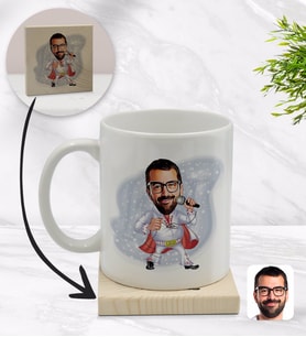 BK Gift Kişiye Özel Elvis Presley Karikatürlü Beyaz Kupa Bardak ve Ahşap Bardak Altlığı Hediye Seti - Model 1