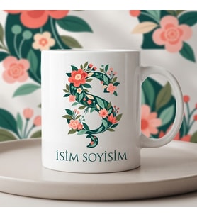 Kişiye Özel Baş Harf ve İsim Yazılı Çiçek Motiflili Ş Harfli Seramik Kupa Bardak