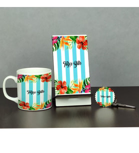 Çiçekli Üçlü Set (Kupa + Telefon Standı + Anahtarlık)
