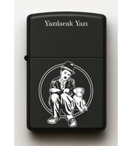 Charlie Chaplin Desenli Kişiye Özel İsimli Siyah Benzinli Metal Çakmak