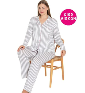 Kadın Büyük Beden Önden Düğmeli Gömlek Yaka Göğüs Cepli Mevsimlik Pijama Takımı (Gri)