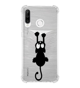 Huawei P30 Lite  Köşe Korumalı Antişok Kapak Çizgi Kedi (Siyah) Tasarımlı Şeffaf Kılıf