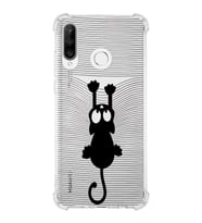 Huawei P30 Lite  Köşe Korumalı Antişok Kapak Çizgi Kedi (Siyah) Tasarımlı Şeffaf Kılıf