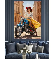 Mavi Motosikletli Kız Retro Tarz Dekoratif Kanvas - Mdf Ahşap Tablo