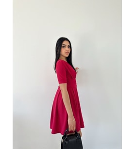 Kadın Kruvaze Yaka Kısa Kol Mini Kloş Elbise (Pembe)
