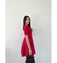 Kadın Kruvaze Yaka Kısa Kol Mini Kloş Elbise (Pembe)
