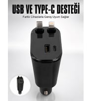 Araç Çakmaklık Şarj Cihazı 120W Type-C & Lightning Kablolu Çoklu Hızlı Şarj İstasyonu