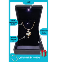 Trend Işıklı Premium Kutuda Mavi Yansımalı Ay Kolye Çelik (Gold)