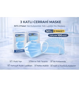 3 Katlı Cerrahi Maske 50'Li 2 Paket Tek Kullanımlık Telli Lastikli Yüz Maskesi Toplam 100 Adet