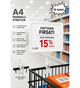 10 Adet - A4 Mandallı Fiyatlık Etiketlik Sepet Raf Askılık Fiyat Etiketi Çerçeveli Market Mağaza Beyaz