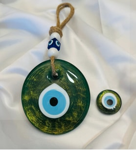 El Yapımı Hediyelik Dekoratif Nazar Boncuğu, Simli ve İpli, Yeşil 11 cm Cam Nazarlık ve Magnet
