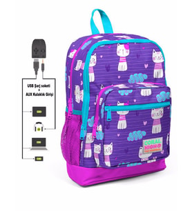 Coral High Kids Dört Gözlü Kız Çocuk İlkokul Çantası - Kedi Baskılı - USB+AUX Soketli