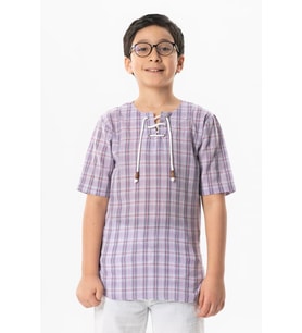 Kısa Kol Şile Bezi Zımbalı Yazlık Erkek Çocuk Tshirt Lila Ekose 3036