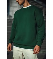 Erkek Bisiklet Yaka 3 İplik Pamuklu Basic SweatShirt - Haki
