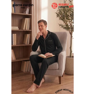 Pierre Cardin Premium Erkek %100 Pamuklu Klasik Yaka Rahat Kalıp Düğmeli Uzun Kollu Kutulu Çeyizlik Pijama Takım