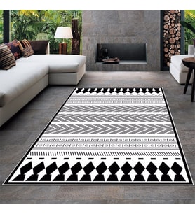 Geometrik Etnik Çizgi Desenli Siyah Beyaz Dijital Baskı Yıkanabilir Kaymaz Taban Modern Salon Halısı