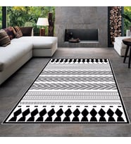 Geometrik Etnik Çizgi Desenli Siyah Beyaz Dijital Baskı Yıkanabilir Kaymaz Taban Modern Salon Halısı