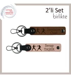 Mücadele Ruhu Taşıyan Hediyelik, Boks Desenli, İsme Yazılabilir 2’li Anahtarlık, A Kahve-Yavru Ağzı