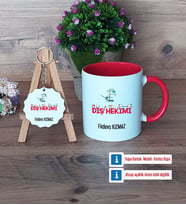 Diş Hekimi Kupa Bardak Kırmızı ve Ahşap Anahtarlık Hediye (Model 1)