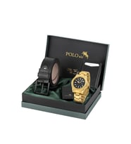 Polo Air Takvimli Erkek Kol Saati Otomatik Cüzdan Kemer Çakmak Seti Gold Siyah Renk PL-7080E7 (Altın-Siyah)