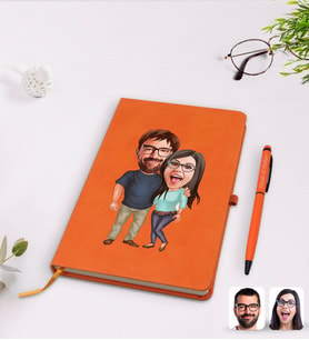 BK Gift Kişiye Özel Sevgililer Karikatürlü Turuncu Termo Deri Defter Kalem Seti Model 109