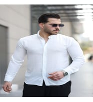 Mero Life Erkek Basic %100 Pamuklu Dökümlü Kumaş Uzun Kollu Salaş Gömlek (Beyaz)