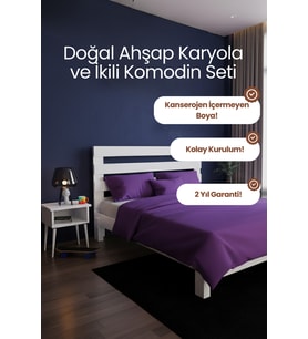 Urban Model Masif Ahşap Karyola ve 2 Adet Komodin Kolay Kurulum Fırınlanmış İthal Sibirya Çamı 90x200 Yatak Uyumlu 2 Adet Komodin