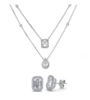 Monemel Kristal Taşlı Gümüş Baget Çiftli Kolye ve Küpe Set (Altın Kaplama) _AYNI GUN TESLIM