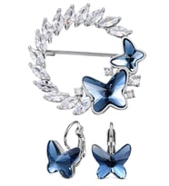 Monemel Swarovski Taşlı Mavi Kelebek Broş ve Kupe Set (Altın Kaplama) Sevgililer Günü Hediyesi