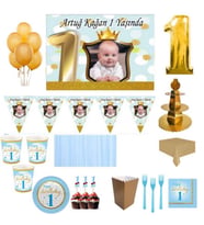 Hayaller Dükkanı 1 Yaş Altın Doğum Günü Süsleri, Parti Seti, Malzemeler, Fotoğraflı Küçük Yıldızlar 8 Kişilik Mavi Full Set