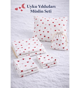 More Home % 100 Pamuk Müslin Örtü, Bebek Battaniyesi 7 Parça Set Kalp Desenli Beyaz Kırmızı