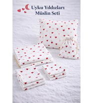 More Home % 100 Pamuk Müslin Örtü, Bebek Battaniyesi 7 Parça Set Kalp Desenli Beyaz Kırmızı
