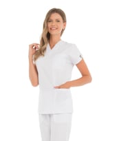 Kadın Doktor Hemşire Forması Scrubs Alpaka Kumaş Hastane Nöbet Tek Üst (V Yaka D (Beyaz)