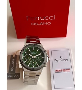 Ferrucci Gümüş Renk Fonksiyonları Aktif 42 mm Kasa Çap Erkek Kol Saati+Bileklik (Gümüş-Haki)