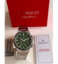 Ferrucci Gümüş Renk Fonksiyonları Aktif 42 mm Kasa Çap Erkek Kol Saati+Bileklik (Gümüş-Haki)