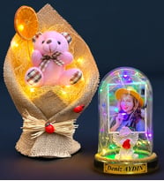 Size Özel Renkli Led Işıklı Fanus ve Led Işıklı Pembe Ayıcık Buketi Hediye Seti (Model 7)