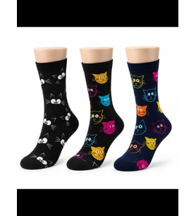 Wak Unisex Kedi Desenli Çorap 3'lü Set Pamuklu Renkli Uzun Soket Dikişsiz Nefes Alan Rahat Günlük Çorap